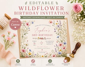 Sjabloon verjaardagsuitnodiging Wildflower, bloemen verjaardagsuitnodiging, meisjes verjaardagsfeestje uitnodigen, tuin verjaardag, bewerkbare canvas sjabloon