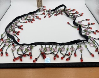 Vintage Beaded Fringe Scarf Necklace Black Ribbon Red Green Pink Glass Beads