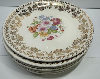 Vintage Floral Gold Rim Dessert Plates Set of 7 Porcelain 6” Japan