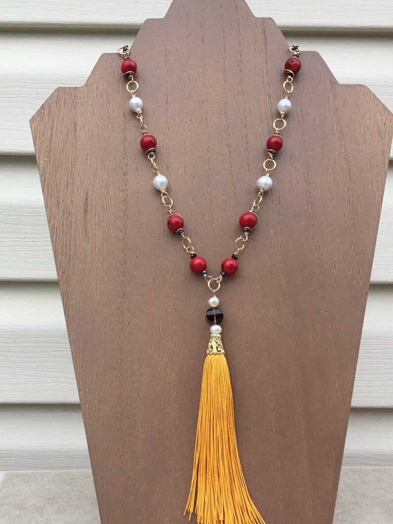 Coral and Pearl Tassel Necklace,/'Angry Bird/',Gemstone Tassel Necklace,Long Tassel Necklace,Red Coral Tassel Necklace,Baroque Pearl Necklace
