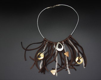 Leather Fringe Necklace,'Shapes in Chocolate',Metal Shapes Leather Fringe Necklace,Mixed Metal Fringe Necklace,Leather Fringe Bib Necklace