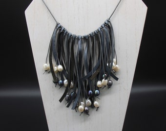 Pearl and Leather Fringe Necklace,'Platinum Fringe Effect',Freshwater Pearl Necklace,Adjustable Pearl and Leather Fringe Necklace
