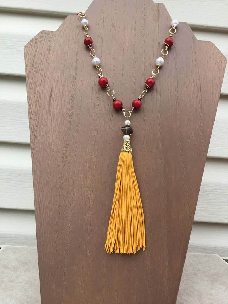 Coral and Pearl Tassel Necklace,/'Angry Bird/',Gemstone Tassel Necklace,Long Tassel Necklace,Red Coral Tassel Necklace,Baroque Pearl Necklace