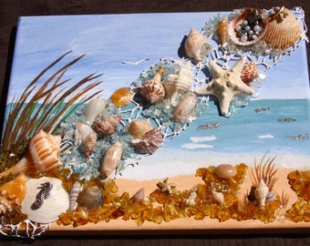 Crushed glass and shell acrylic painting,'Marco Island Beach Glitter',Mixed Media painting,Marco Island beach and shell acrylic painting