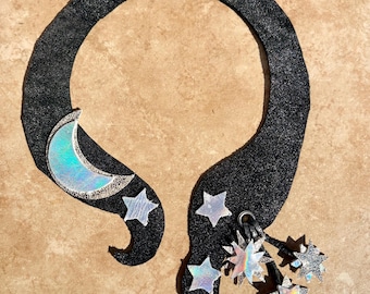 Gold and Silver Leather Moon and Stars Bib Necklace