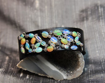 Ethiopian Opal Leather Cuff Bracelet: Sterling Silver Wire Wrapped