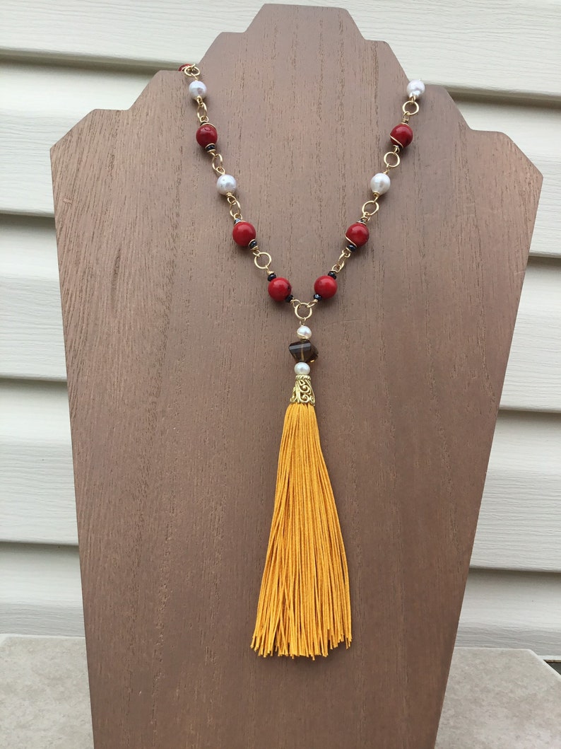 Coral and Pearl Tassel Necklace,/'Angry Bird/',Gemstone Tassel Necklace,Long Tassel Necklace,Red Coral Tassel Necklace,Baroque Pearl Necklace