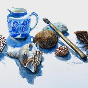 Blue Willow and Shells 8x10 Print of Original Watercolor
