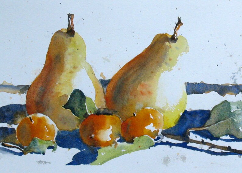 Watercolor Original Painting Still Life Pears and Persimmons 6.5X17.5