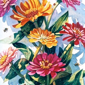 Print of Watercolor Original Zinnia Flowers 5”x7" matted 8”x10"