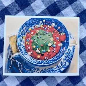 Notecards Teacup Pincushion Sewing Blue and White Teacup Set of 4 Carolyn Watson Artist