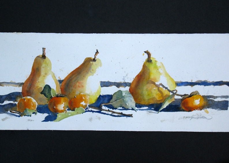 Watercolor Original Painting Still Life Pears and Persimmons 6.5X17.5