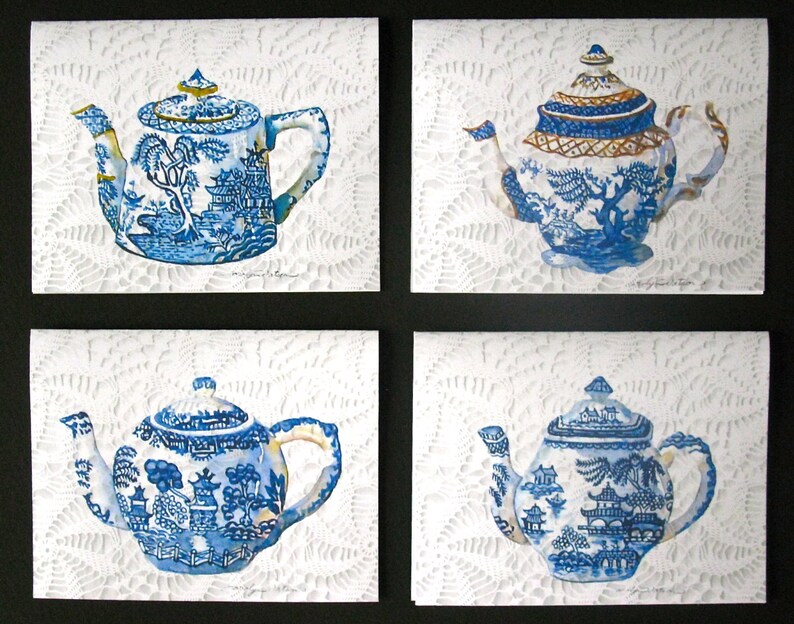 Blue Willow Teapots Notecards Blank Set of 4 Etsy
