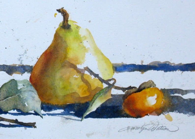 Watercolor Original Painting Still Life Pears and Persimmons 6.5X17.5