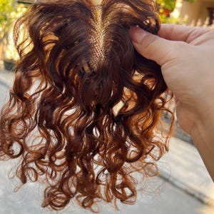 May include: A curly, reddish-brown hairpiece with a golden-colored base. The hair is styled in loose, voluminous curls. The hairpiece is held up, showcasing the texture and color of the hair.