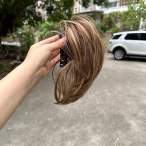May include: A hairpiece with a claw clip, featuring a blend of light brown and blonde highlights. The hairpiece is held up, showcasing its layered texture and color variations. The clip is black.