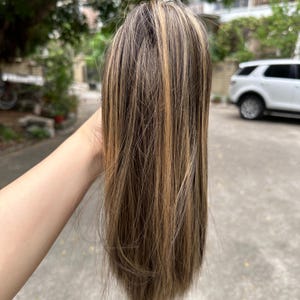 May include: A bundle of long, straight hair extensions with a mix of brown, dark brown, and blonde highlights. The hair is held up against a blurred outdoor background, showcasing the color variations and texture of the hair.