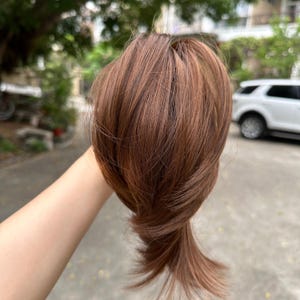 May include: A bundle of brown hair, possibly a wig or hair extension, is held up against a blurred outdoor background. The hair is a warm, reddish-brown color and appears to be styled. The ends of the hair are slightly lighter in tone.