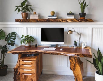 Bureau en bois Live Edge avec tiroir, bureau en bois naturel rustique, table d'écriture organique, bureau unique de déclaration de bureau à domicile