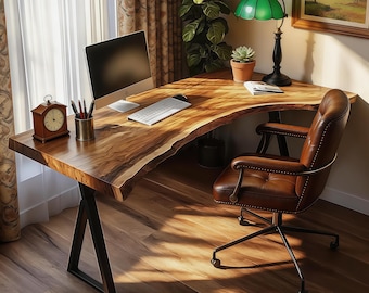 Escritorio de madera con borde natural, escritorio de oficina de madera natural, escritorio de escritura rústico moderno, escritorio de computadora de estilo sólido, mesa de oficina en casa única