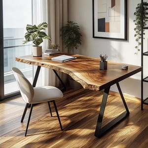 Biurko z litego drewna z metalowymi nogami, rustykalny stół w stylu litego drewna, biurko z naturalną krawędzią, nowoczesne biurko do domowego biura w stylu industrialnym