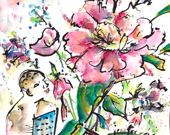 She Talks With Flowers. Original watercolor & ink painting by Jennifer Edwards. 12" x 9"