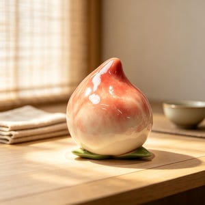 May include: A glossy ceramic peach figurine featuring a rounded shape with a pointed top. The surface displays a gradient of soft cream and vibrant pinkish-red hues, finished with a smooth, reflective glaze. Two small green ceramic leaves are at the base.