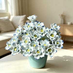 Peut inclure: Un arrangement floral en céramique composé de nombreuses fleurs blanches aux pétales délicats bordés de bleu et aux cœurs jaune vif. Les fleurs sont présentées dans un pot en céramique uni, lisse et de couleur turquoise clair.