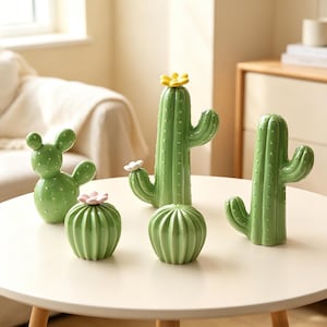 May include: A collection of five green ceramic cactus figurines in various shapes and sizes. Two are tall columnar cacti with arms, one is a round prickly pear cactus, and two are small spherical cacti topped with pink and white flowers.