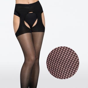 May include: Black fishnet stockings with a garter belt design. The garter belt is black with a scalloped lace trim. A close-up shows the fishnet pattern.