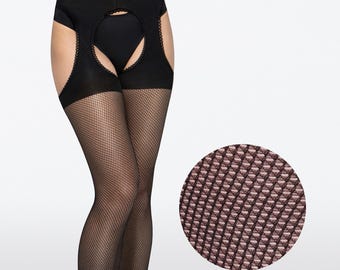Open Gusset Net Tights 40 Den – Cut Out Pantyhose, Stocking Effect Mesh Tights, Garter Look Hosiery