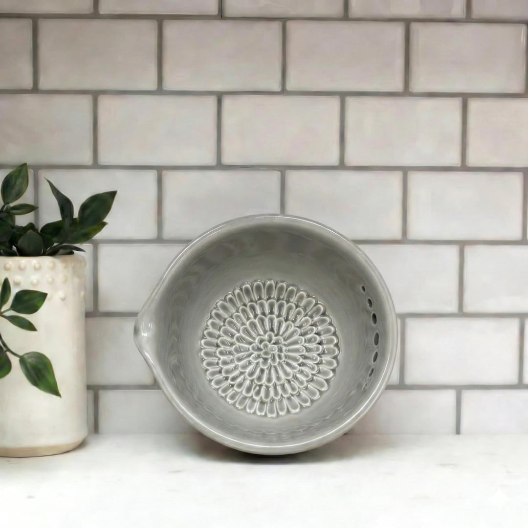 Handmade Ceramic 3-in-1 Grater Bowl | Herb Stripper, Dipping Dish - Green