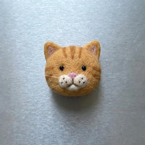 Pu&ograve; includere: Un volto di gatto tabby arancione fatto a mano in feltro. Il gatto ha occhi neri, naso rosa e baffi. Il pelo del gatto presenta strisce arancioni pi&ugrave; scure. Un oggetto decorativo.