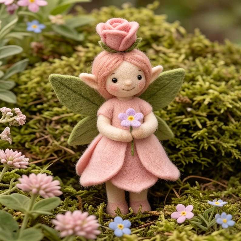 May include: A needle felted fairy figurine with pink hair, a pink rose headpiece, and a pink petal dress. The fairy has pointed ears, green felt wings, and holds a small purple flower. The figure is crafted with soft textures and pastel colors.
