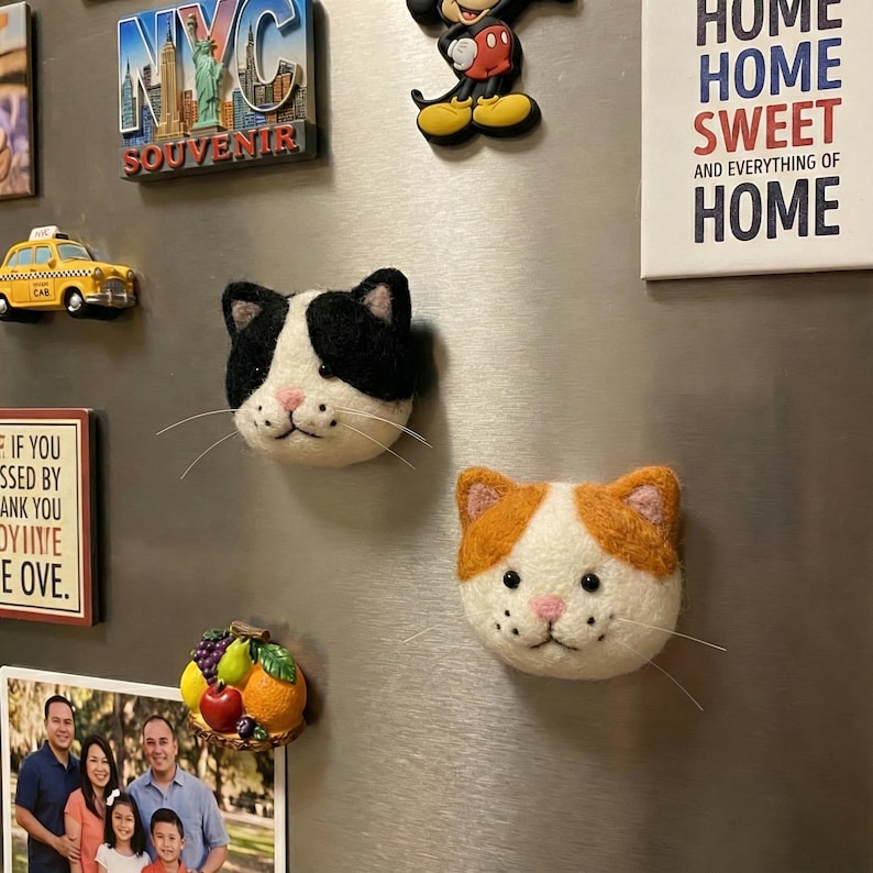 Pu&ograve; includere: Due calamite a forma di gatto con pelliccia bianca, nera e arancione sono esposte su un frigorifero. Un gatto ha segni neri e l'altro arancioni. Altri magneti includono un souvenir di New York, un taxi giallo e una figura di Topolino.