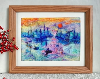 Needle Felted Wool Painting – Monet Impression Sunrise Artwork, Framed Home Decor