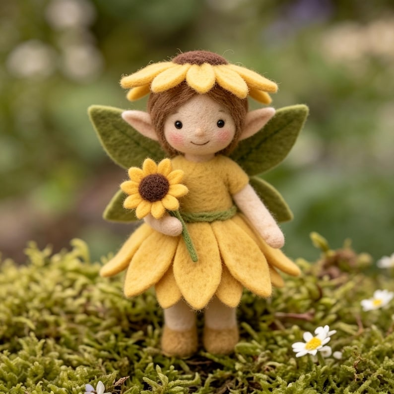 May include: A needle-felted doll featuring a sunflower-themed outfit with a yellow petal skirt and a matching sunflower headpiece. The doll has brown hair, pointed ears, green felt wings, and holds a small yellow sunflower in its hands.