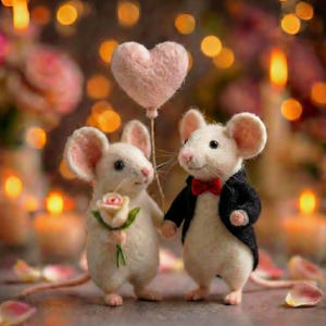 Puede incluir: Dos ratones blancos de fieltro, uno sosteniendo una rosa rosa y el otro con un esmoquin negro con pajarita roja. Un globo rosa en forma de corazón flota entre ellos. El fondo está borroso con iluminación suave.