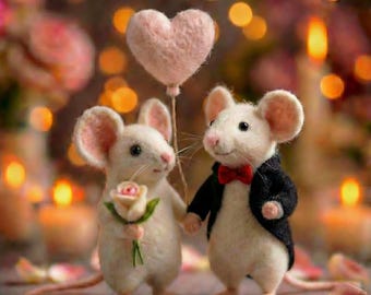 Pareja de novios de ratón de fieltro, miniatura de lana, regalo de San Valentín