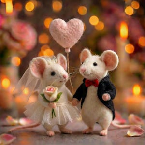 May include: Two needle-felted white mice figures. One mouse wears a white tulle dress, a veil, and holds a small rose. The other mouse wears a black jacket with a red bow tie. A pink felt heart on a stick is positioned between them.