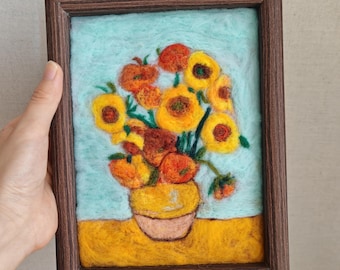 Needle Felted Wool Painting – Van Gogh Sunflowers 3D Fiber Art, Framed Cottagecore Decor
