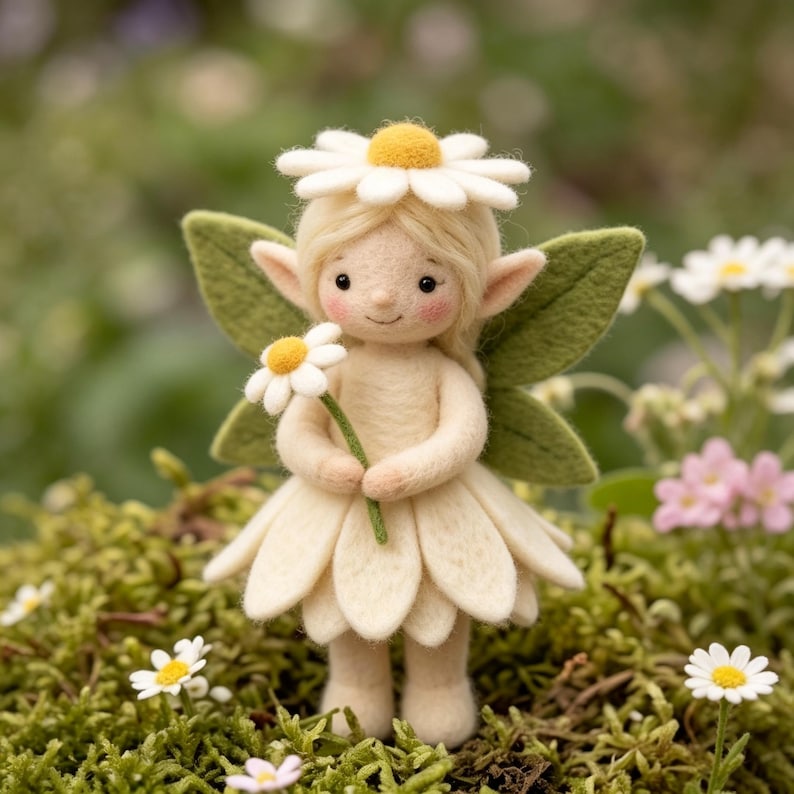 May include: A needle-felted doll featuring a cream-colored petal skirt and a matching daisy headpiece. The figure has pointed ears, rosy cheeks, and green felt wings, while holding a single white daisy with a yellow center in its hands.