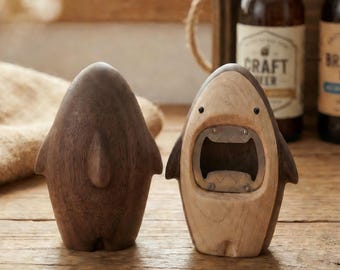 Hand Carved Walnut Shark Bottle Opener, Rustic Barware