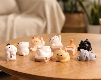 Miniature Resin Cat Figurine • Desk Ornament, Monitor Accessory, Set of 9