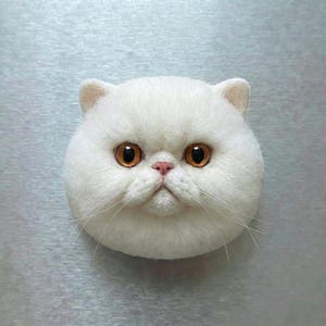 May include: A white, fluffy cat face with large, round, amber-colored eyes and a small pink nose. The cat has a slightly grumpy expression and long, thin whiskers. The cat's face is centered on a light gray background.