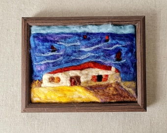 Needle Felted Wool Painting, Coastal Sunset House Landscape, Framed Fiber Art Wall Decor