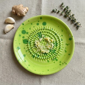 Puede incluir: Un plato rallador de cerámica verde brillante con una superficie de rallado texturizada. El plato tiene salpicaduras verdes y está rodeado de ingredientes frescos: dientes de ajo, raíz de jengibre y ramitas de tomillo. El plato está lleno de ajo rallado.