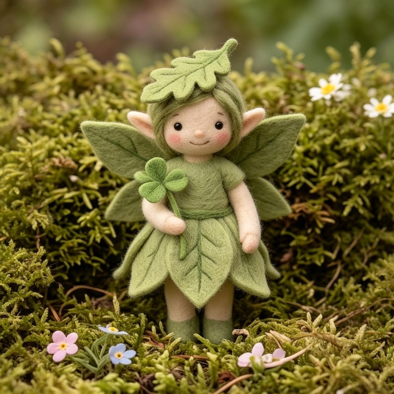 May include: A needle-felted fairy figurine with a pale complexion and rosy cheeks, wearing a green leaf-shaped hat and a skirt made of layered green leaves. The figure has large green leaf wings, pointed ears, and holds a small four-leaf clover.