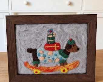 Needle Felted Dachshund Skateboard Dog Art, Whimsical Wool Painting, Cottagecore Wall Decor