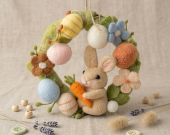 Needle Felted Wreath, Bunny Carrot Spring Decor, Woodland Pastel Eggs Cottagecore Wall Art